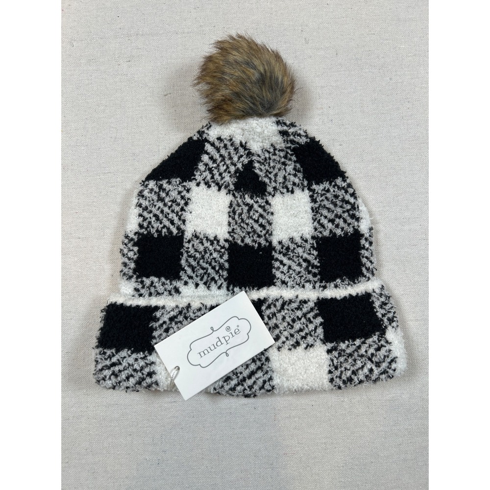 Mud Pie Buffalo Check Chenille Beanie Black White Faux Fur Pom Pom NWT One Size